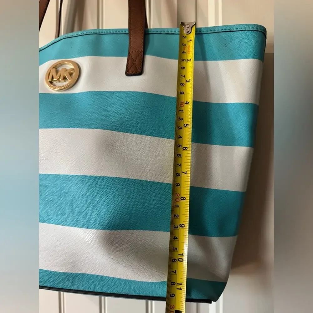 MICHAEL KORS 🩵 Blue & White Striped Shoulder Canvas Tote, Gold Logo